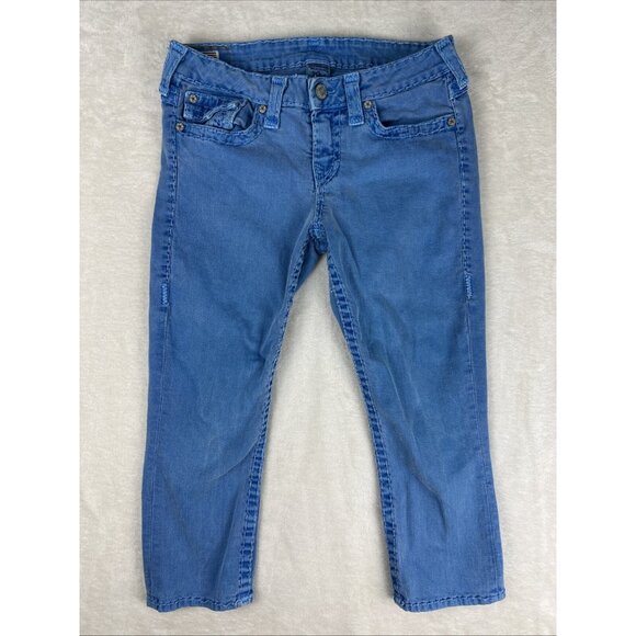 True Religion Jeans Womens Size 32 Blue Lily Super T Capri Made In USA *FLAW - Picture 1 of 13